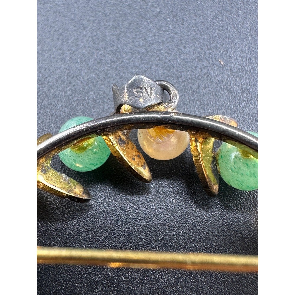 VTG 1940s 1950s Sterling Silver Jade Pearl Wreath Brooch Pendant - Picture 7 of 16